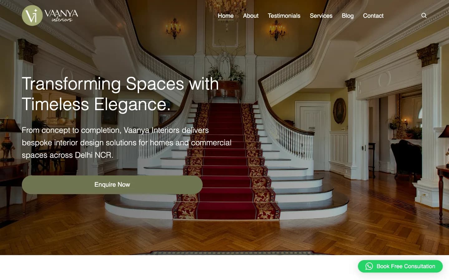 Vaanya Interiors website homepage designed by Pixel Pulse Marketing